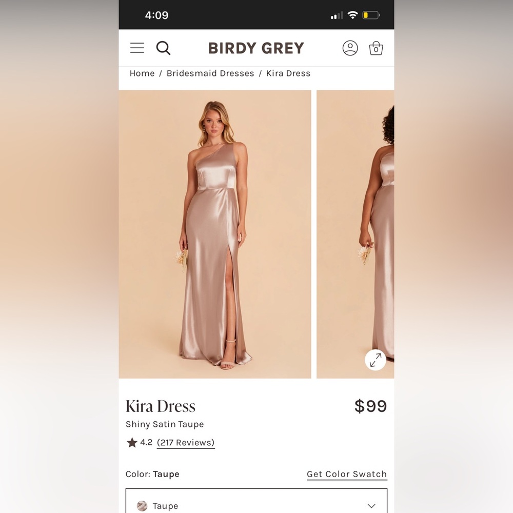 Birdy Grey Strapless Satin Dress in Shiny Taupe